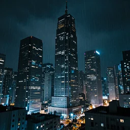 cyberpunk cityscape, tall skyscrapers at night, rain