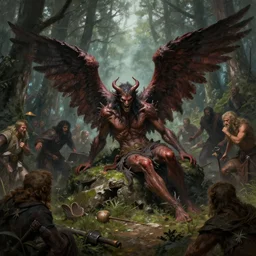 a fallen demonic angle surrounded by angry village people in the middle of the forest, digital painting, mixed media, trending on artstation and deviantart, epic composition, highly detailed, 8 k