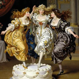 royal women jump from the huge cake, long hair, beautiful eyes, by greg hildebrandt fancy 1 5 century oil painting high quality clothed in fancy garb in pin up style