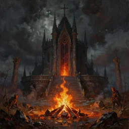 detailed oil painting of firelink shrine from dark souls iii, dark souls bonfire, 8 k resolution, smooth, sharp focus, dramatic dark eerie lighting, matte painting