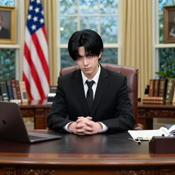 a person cosplaying griffith from berserk by kentaro miura sitting at oval office desk with american flag