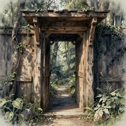 watercolor wooden portal paradise, ultra detailed, photorealistic, octane render, high definition, fine details, sinister tones, 8 k, mcbess mood,