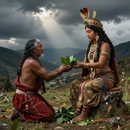an incan priest offering coca leaves to mother earth in a ritual, art by christophe vacher