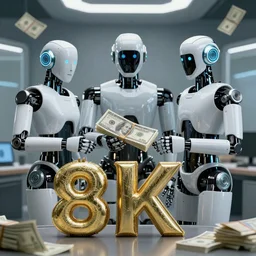 futuristic commercial of robots, selling, money, 8k, ultra realistic