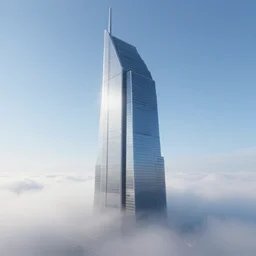 singular!!! cyberpunk skyscraper rising from an opaque carpet of fog in an otherwise clear!!!! sunny day. lateral view showing the building from top to bottom. dynamic perspective, smooth, unreal engine, hd sharp focus, crisp lines, surrealism, concept art by dom qwek, trending on cg society, neofuturism, futuristic, volumetric lighting, aesthetic. digital