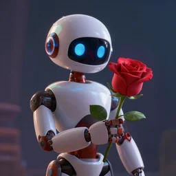 a robot holding a beautiful blooming rose, pixar and disney, moody theme, featured on artstation