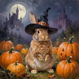 breathtaking detailed soft painting of a rabbit wearing a witch hat, in a romanticim landscape of pumpkins field at moonlight with mists and dracula castle, elegant, highly detailed, artstation, concept art, matte, sharp focus, art by margaret morales