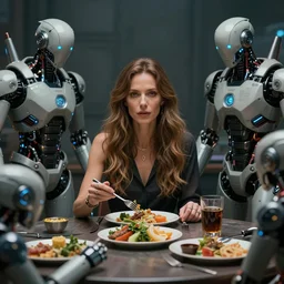 portrait of mirtha legrand sitting at the table having lunch with cyborgs. centered. digital art. hyperrealistic, hyperdetailed. cyber punk 4 k octane render