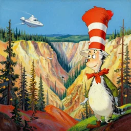 A Yellowstone forest landscape in the style of Dr. Seuss, starships, painting by Ralph McQuarrie