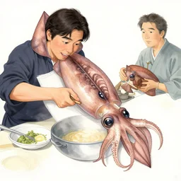 pichacu cooks a squid, drawing, detailed, art by sung choi, greg rutkowski, peter konig
