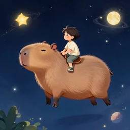digital painting of a boy riding a magical flying capybara in space