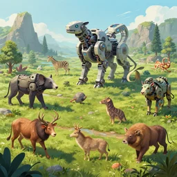 Highly Detailed digital illustration about the beauty of nature in a cyberprep world where all animals have been replaced by mechanical beasts. Trending on Artstation