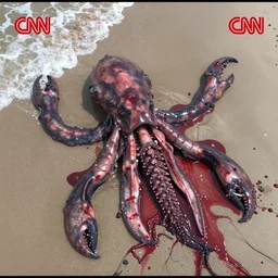 CNN news footage taken from above. A huge kraken surrounded by blood is washed up on the beach.