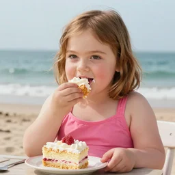 portrait of 2 0 years old plump emma stone in swimsuit eating cake on a beach, intricate, hyperdetailed, photorealistic, diffuse lighting, hdrp, artstation, unreal 5, smooth, textless, sharp focus, art by john collier, albert aublet, krenz cushart, artem demura, alphonse mucha