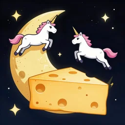 cheese moon with flying unicorns in space, 90s collage style
