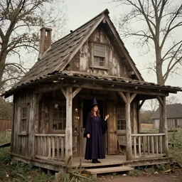A vintage photo of a witches hut with a witch standing on the Porch, 70s, vintage, old