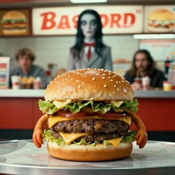the strange cheeseburger creature at the fast food place, film still from the movie directed by denis villeneuve and david cronenberg with art direction by salvador dali and zdzisław beksinski