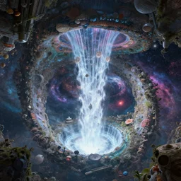 the machine universe encounters a living cosmos inside an asymmetric orthogonal non - euclidean upside down inside out world with an infinite cosmic spiral waterfall of living information, mixed media, unreal engine, fractalpunk
