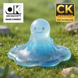 render of one transparent translucent closeup bluish slime in the meadow. fantasy art, high details, masterpiece, cgsociety, octane render, 8 k, volumetric lighting, photorealism, translucent raytracing, artstation contest winner