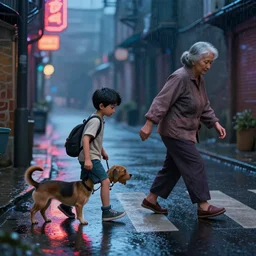 a matte painting of a young boy and his pet dog helping an old woman to cross a street, rainy evening, water reflection on the floor, neon, next to alley. Super realistic, high detail, volumetric lighting, 4k, dynamic lighting
