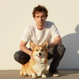 Eric Wareheim with a corgi, hyperealism, golden hour