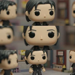 beautiful three point perspective film still of funko pop neo scene in matrix, extreme closeup portrait in style of frontiers in miniature porcelain photography fashion seinen manga edition, miniature porcelain portrait, eye contact, tilt shift style scene background, soft lighting, kodak portra 4 0 0, 8 k, macro, cinematic style by emmanuel lubezki