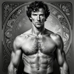 benedict cumberbatch sherlock holmes as gigachad, masculine, mature, handsome, upper body, grey and silver, muscular, hairy torso, fantasy, intricate, muscular, elegant, highly detailed, digital painting, artstation, concept art, smooth, sharp focus, illustration, art by gaston bussiere and alphonse mucha, black and white