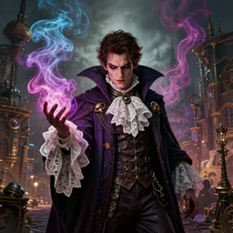 a young man, evil wizard, victorian steampunk city vista, hyperrealism, octane render, extremely detailed, intricate colorful smoke magic, lace, style of mark ryden, earl nore, hyung tae, frank frazetta