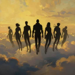 cyberpunk, silouettes of a group of flying people, like a group of superheroes in the open sky and clouds, group, atmospheric lighting, painted, intricate, golden hour, ultra detailed by peter gric, giger, enki bilal