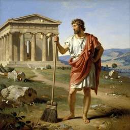 painting of one man in ancient greek dress holding a broom, the temple of delphi in the midground, valley in the distance, in the style of jacques - louis david, neoclassical, in the style of john william waterhouse, extremely detailed, trending on artstation