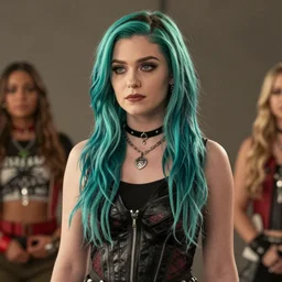 still of bella thorne as gwen in total drama island, teal hair, goth aesthetic, photorealistic, cinematic lighting
