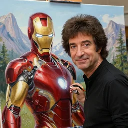 a closeup photorealistic photograph of bob ross painting an image of iron man on a canvas. mountains and trees. film still. brightly lit scene. this 4 k hd image is trending on artstation, featured on behance, well - rendered, extra crisp, features intricate detail, epic composition and the style of unreal engine.