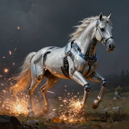 a hyper realistic and detailed painting of a cybernetic horse leaving sparks on lighting in it's trails