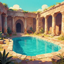 a pool in a ancient ruins, retrowave art, trending on art station