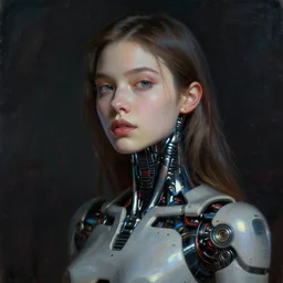 beautiful digital oil cyberpunk style  of an android girl by Arthur Hughes