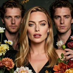 portrait of margot robbie, surrounded by flowers by karol bak, james jean, tom bagshaw, rococo, sharp focus, trending on artstation, cinematic lighting, hyper realism, octane render, 8 k, hyper detailed.