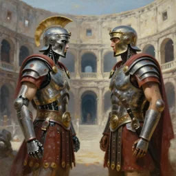 stunning painting of two cybertronic roman gladiators facing each other in a cyberpunk colosseum, sci - fi, focus on the gladiators, by aivazovsky