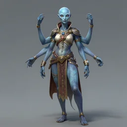 fullbody portrait of female kasatha!!! scientist from starfinder!!, scifi attire, bald, very high brow, very light blue skin, four arms, kasatha race, kasatha pathfinder, super detailed, hd, starfinder art, by marko horvatin, artgerm, michael cheval