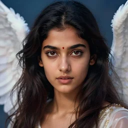 priya sree as an angel with wings, hyper realistic face, beautiful eyes, fantasy art, in the style of greg rutkowski, illustration, epic, fantasy, intricate, hyper detailed, artstation, concept art, smooth, sharp focus, vibrant