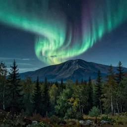forest, mountains, northern lights, nightsky with stars, matte painting, romantic impressionism, painted by Caspar David Friedrich