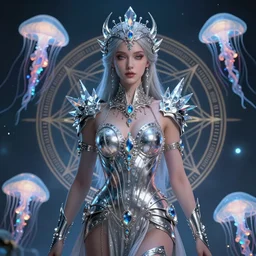 a centered render of an alluring magestic post apocalyptic cyborg goddess wearing ornate silver encrusted with gemstones and crystals and leather clothing surrounded by bio - luminescent jellyfish and sacred geometry, perfect body and face, gorgeous, cinematic, beautifully lit, by artgerm, by karol bak, by donato giancola, 3 d, trending on artstation, octane render, 8 k