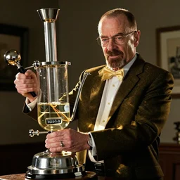 saul goodman's character portrayed by bob odenkirk, from the show, breaking bad and better call saul, hitting an enormous, complex dab rig with christian bale's character, patrick bateman from american paycho.