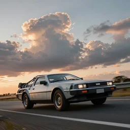 Delorian on a road, huge clouds, sunset in the background , ultra low camera angle, super wide lens, tilted camera, high speed motion, cinematic, ultra resolution, octane render, top trending artstation, 4k, 8k, hyper realistic, digital art, incredible details,