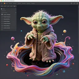 Master Yoda, delicately positioned and entwined in vibrant fluid hues, is being drawn and spaghettified into a blackhole, Fantasy, hyperrealism, 4k, volumetric lighting, three dimensions, spaghettification, a digitally transformed world, user interface design, 3D modeling, artstation, illustration, and transportation design. art by Andrew Chiampo, Frederik Heyman and Jonathan Zawada,