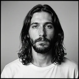 Jesus moments after the DMT hallucinations began. Close-up studio portrait photo by Annie Leibovitz. Tri-x.