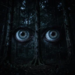 Giant eyes staring out of the treeline at night, creepy, dark, ominous