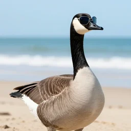a canada goose wearing sunglasses in a beach, photorealistic, 3 d, ultra detailed