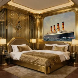 a bedroom in a retro futuristic hotel made of brass bronze gold, art deco influence. bioshock, starship titanic. clean, well composed painting by artgerm, photo realistic, award winning photography and greg rutkowski.