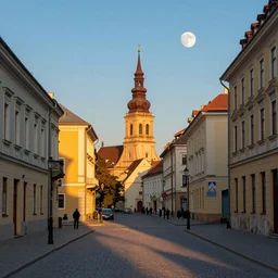 an Eastern European city on the moon street photo, sunrise, long shadows, photorealistic, stunning, award winning photo