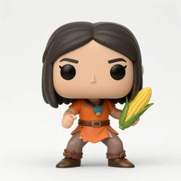 a funko pop of piper mclean, a native american cherokee demigod girl with choppy dark hair and an orange shirt, holding a cornucopia, defensive stance, action girl